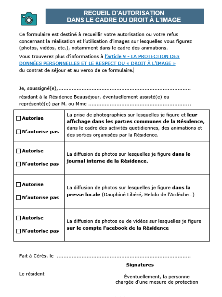 Formulaire de droit à l'image