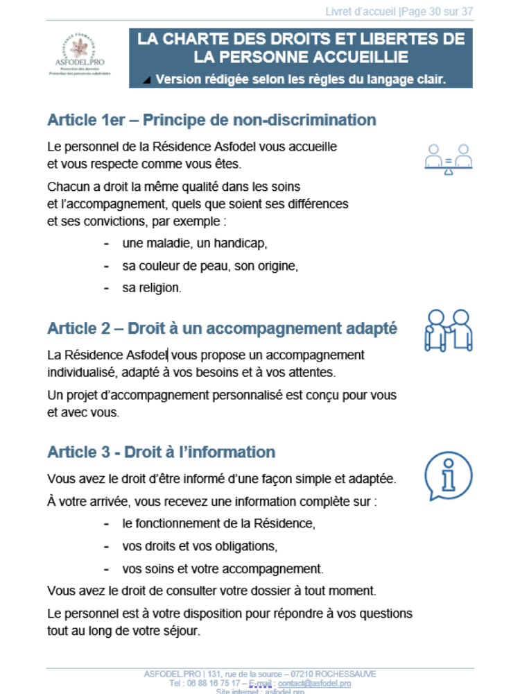 Exemple de Charte des droits et liberté de la personne accueillie rédigée selon les principes du FALC